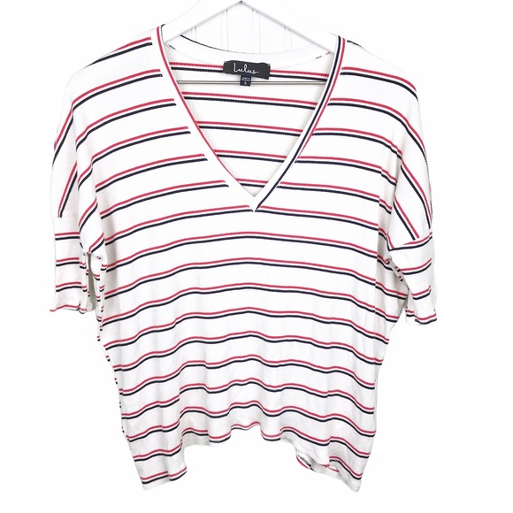 Lulus Starting Line Striped Oversized V-Neck Tee - Picture 3 of 10